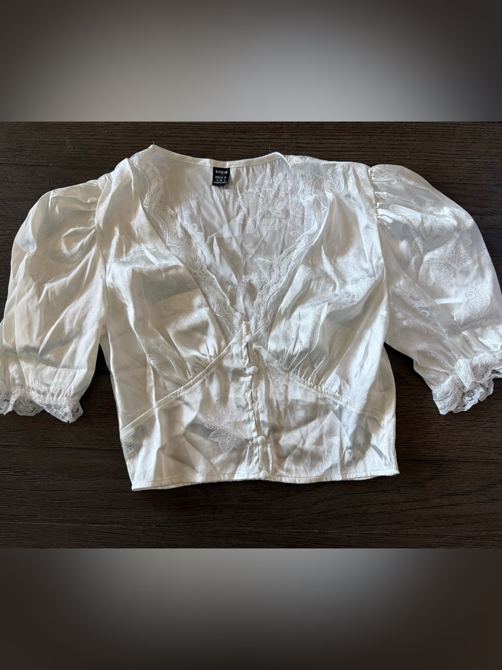 SHEIN White Satin Lace-Trim Button Front Crop Top